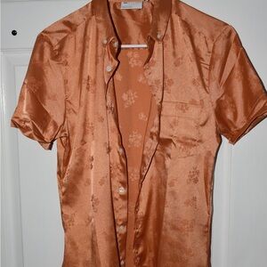 ASOS DESIGN skinny satin shirt in peach floral jacquard